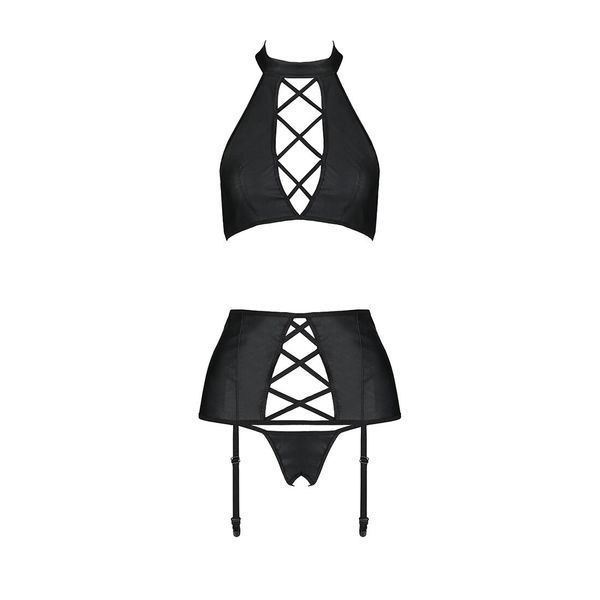 Комплект из эко-кожи с имитацией шнуровки Nancy Set black L/XL - Passion топ, трусики и пояс для чул SO5373 фото