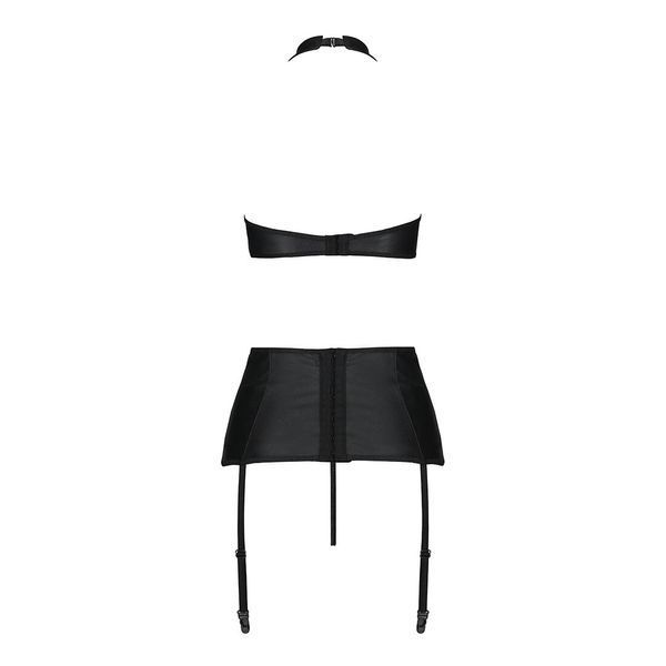 Комплект из эко-кожи с имитацией шнуровки Nancy Set black L/XL - Passion топ, трусики и пояс для чул SO5373 фото