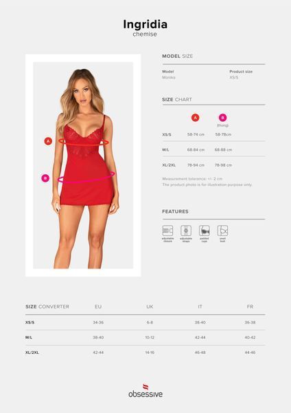 Пеньюар Obsessive Ingridia chemise & thong XL/2XL, червоний, сорочка, стрінги SO9038 фото