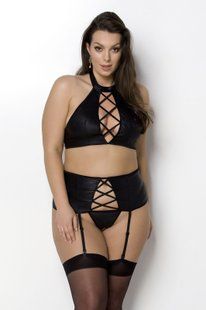 Комплект из экокожи Passion Nancy Set 4XL/5XL black, имитация шнуровки, топ, пояс для чулок SO7106 фото