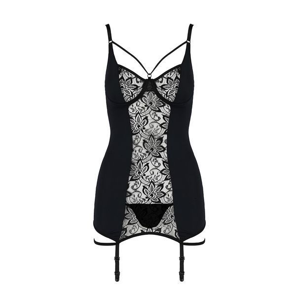 Сорочка приталена з пажами PAULINE CHEMISE black L/XL Passion, трусики EL15801 фото