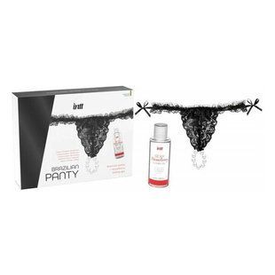 Набор Intt BRAZILIAN PANTY BLACK: трусики на завязках S-XL с жемчужным кольцом + клубничная смазка SO7129 фото