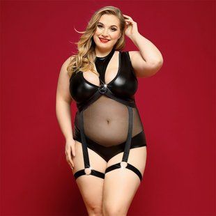 Элегантное боди из экокожи JSY &laquo;Соблазнительная Морган&raquo; Plus Size, Black, сетка, портупея с гартерам SO8379 фото