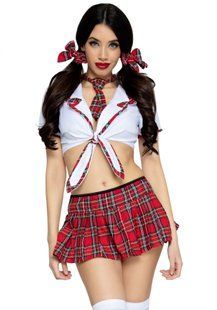 Костюм школярки Leg Avenue Miss Prep School XS Red, спідниця, топ, 2 бантики для волосся, краватка SO8548 фото