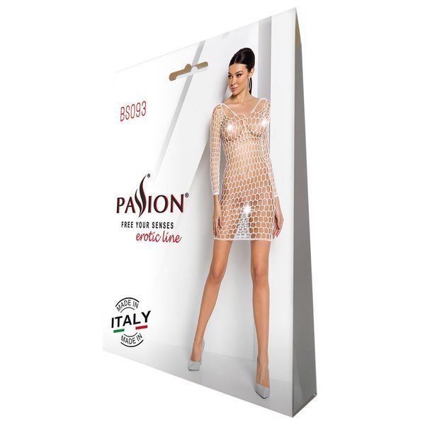 Бодистокинг-платье с глубоким воротом Passion BS093 white, длинные рукава SO6399 фото