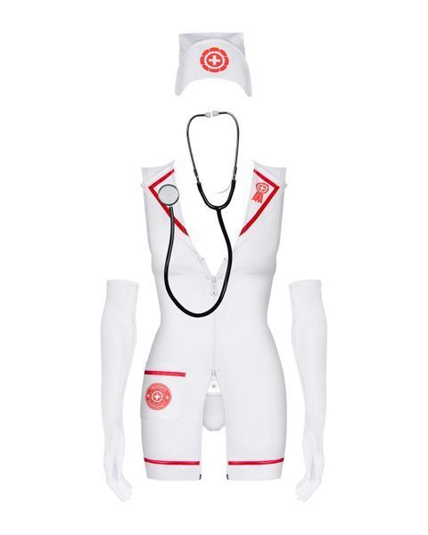 Еротичний костюм медсестри Obsessive Emergency dress S/M, white, сукня, стринги, рукавички, чепчик, SO7704 фото