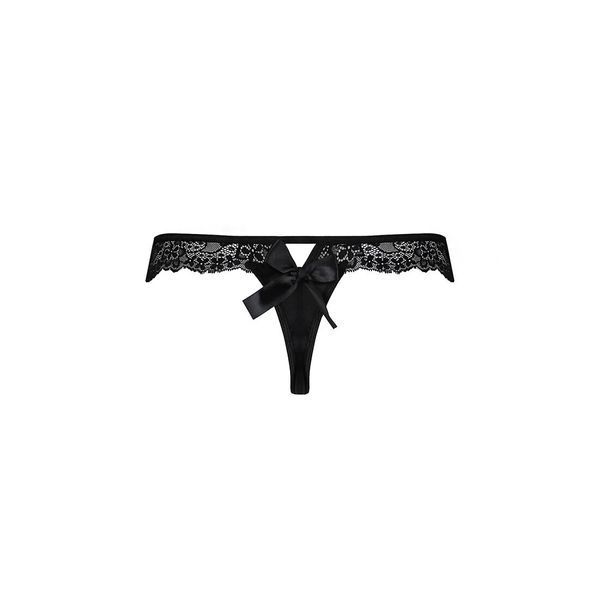 Мереживні трусики-танга з атласним бантиком Naja Thong black L/XL - Passion SO5364 фото