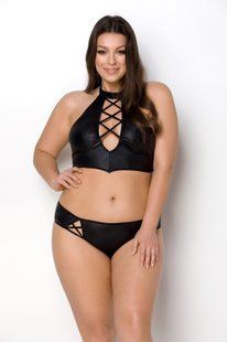 Комплект из экокожи Passion Nancy Bikini 4XL/5XL black, бра и трусики с имитацией шнуровки SO7102 фото