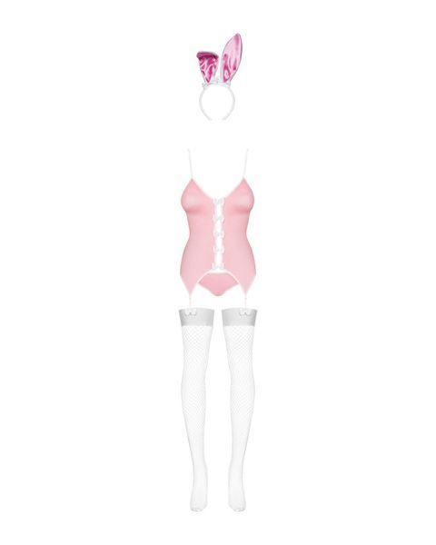 Эротический костюм зайки Obsessive Bunny suit 4 pcs costume pink L/XL, розовый, топ с подвязками, трусики с хвостом, чулки и ушки SO7255 фото