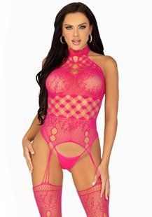 Мереживний бодістокінг з відкритим доступом Leg Avenue High neck lace bodystocking One size Raspberr SO8572 фото